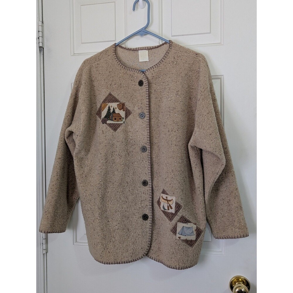 VTG 90s Cardigan Sweater Womens XL Brown Bear Cottage Cabin Canoe Camping Woodsy
